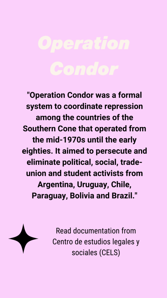 "Operation Condor was a formal system to coordinate repression among the countries of the Southern Cone that operated from the mid-1970s until the early eighties. It aimed to persecute and eliminate political, social, trade-union and student activists from Argentina, Uruguay, Chile, Paraguay, Bolivia and Brazil."